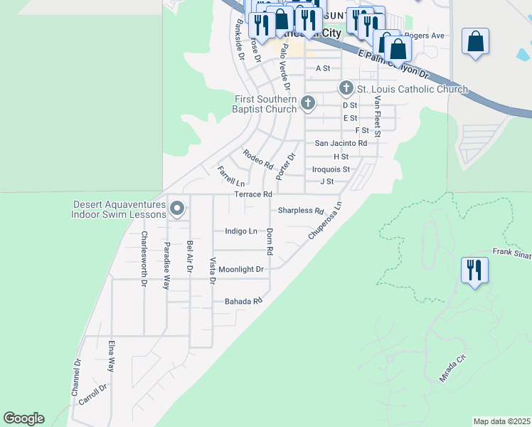 map of restaurants, bars, coffee shops, grocery stores, and more near 38125 Dorn Drive in Cathedral City
