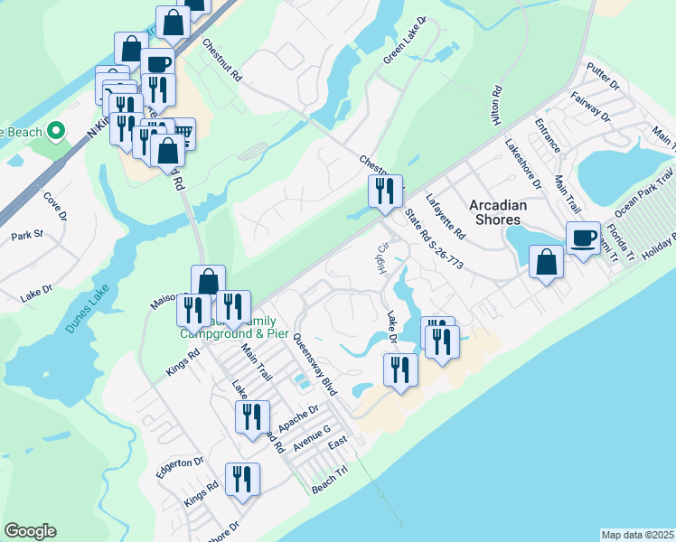 map of restaurants, bars, coffee shops, grocery stores, and more near 1C Kings Road in Myrtle Beach