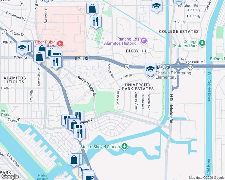 map of restaurants, bars, coffee shops, grocery stores, and more near 6072 Avenue De Castillo in Long Beach