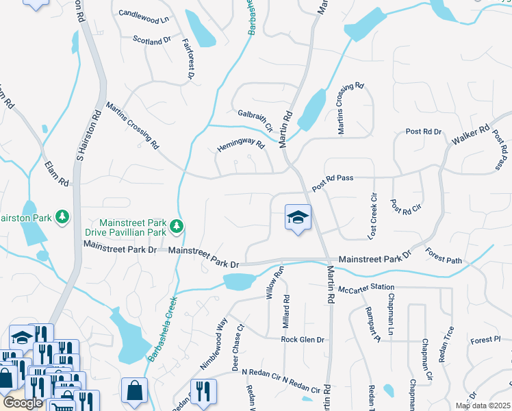 map of restaurants, bars, coffee shops, grocery stores, and more near 815 Post Ridge Terrace in Stone Mountain