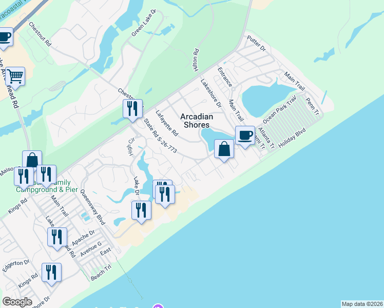 map of restaurants, bars, coffee shops, grocery stores, and more near 304 Kingston Road in Myrtle Beach