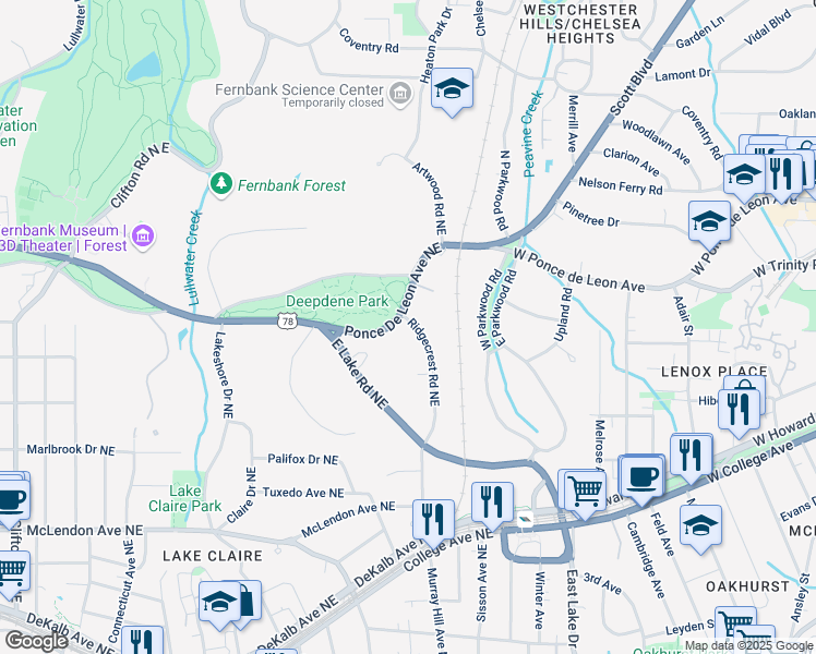 map of restaurants, bars, coffee shops, grocery stores, and more near 2121 Ponce De Leon Avenue Northeast in Atlanta