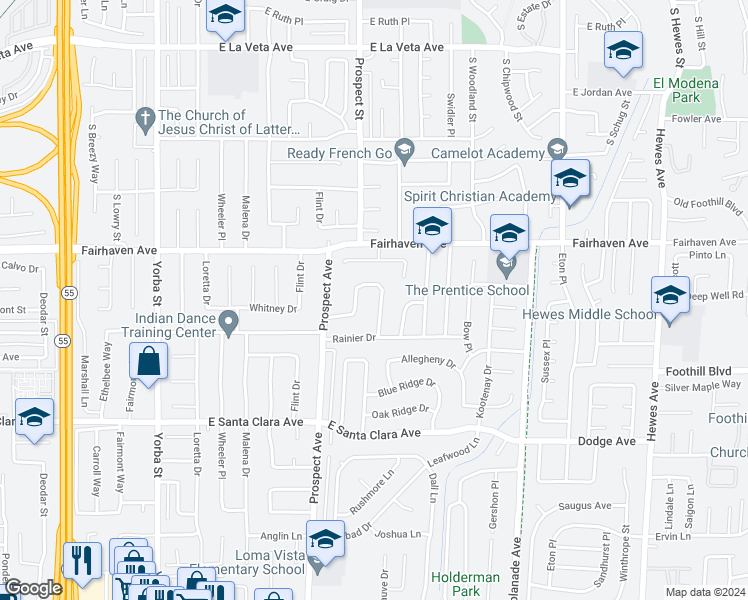 map of restaurants, bars, coffee shops, grocery stores, and more near 13121 Shasta Way in Santa Ana