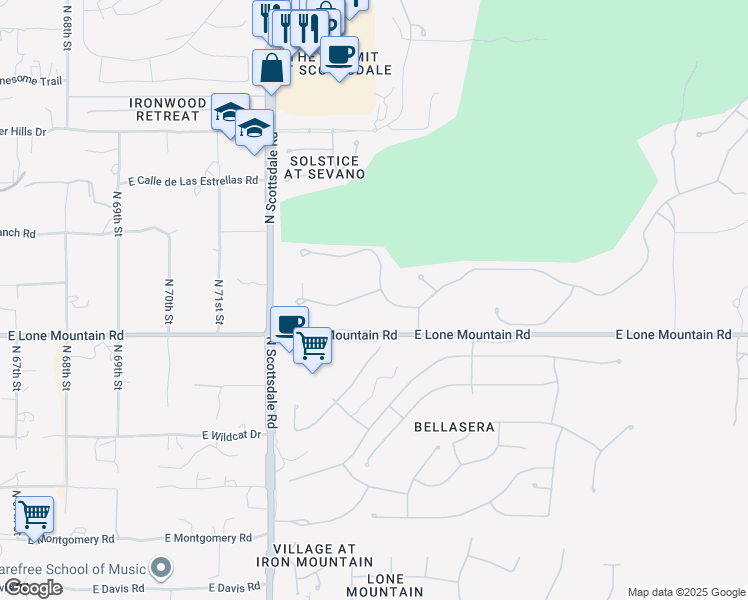 map of restaurants, bars, coffee shops, grocery stores, and more near 7413 East Lower Wash Pass in Scottsdale