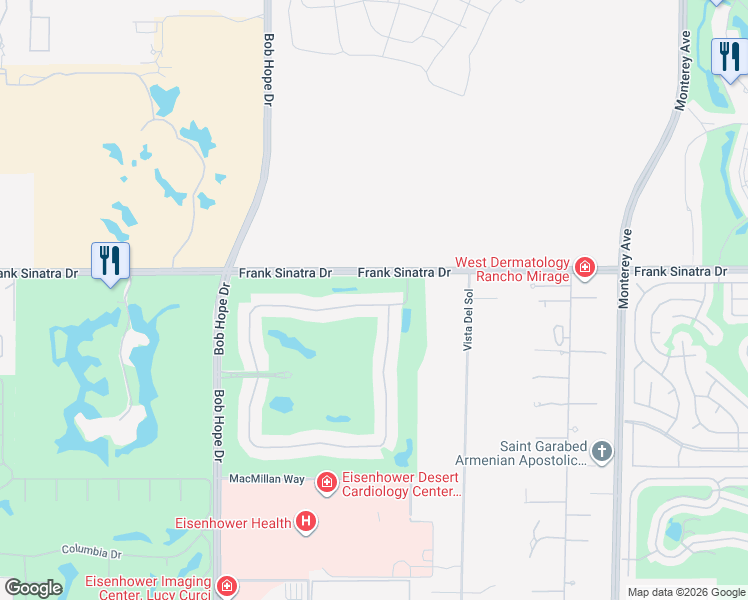 map of restaurants, bars, coffee shops, grocery stores, and more near 2 North Kavenish Drive in Rancho Mirage