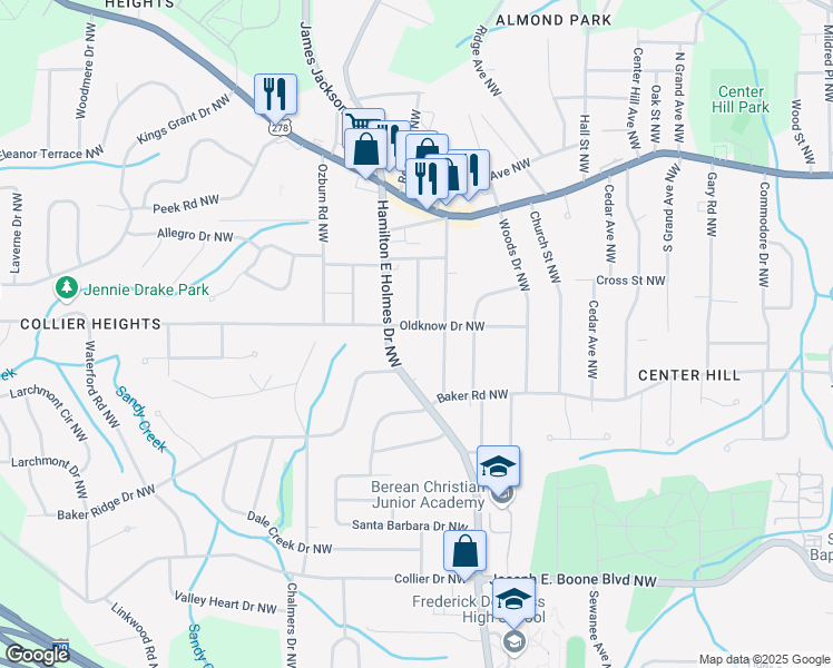 map of restaurants, bars, coffee shops, grocery stores, and more near 2606 Oldknow Drive Northwest in Atlanta