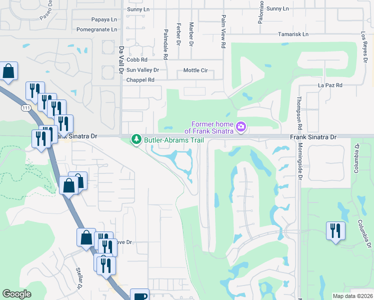 map of restaurants, bars, coffee shops, grocery stores, and more near 95 Tennis Club Drive in Rancho Mirage