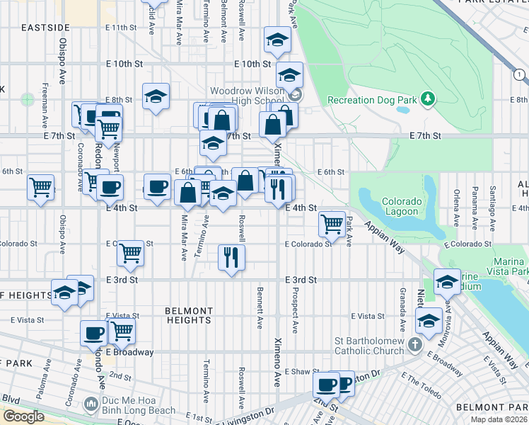 map of restaurants, bars, coffee shops, grocery stores, and more near 4308 East 4th Street in Long Beach