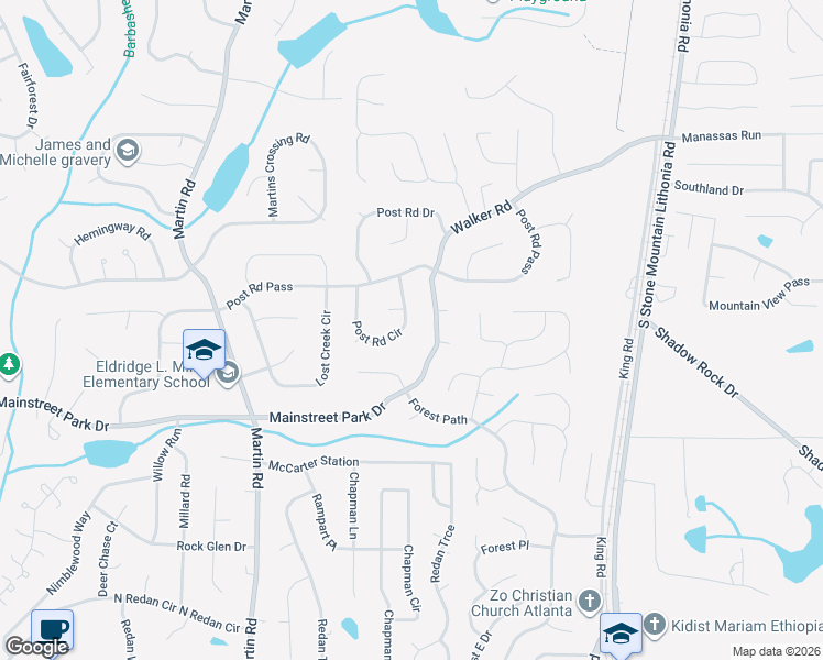 map of restaurants, bars, coffee shops, grocery stores, and more near 906 Post Road Circle in Stone Mountain
