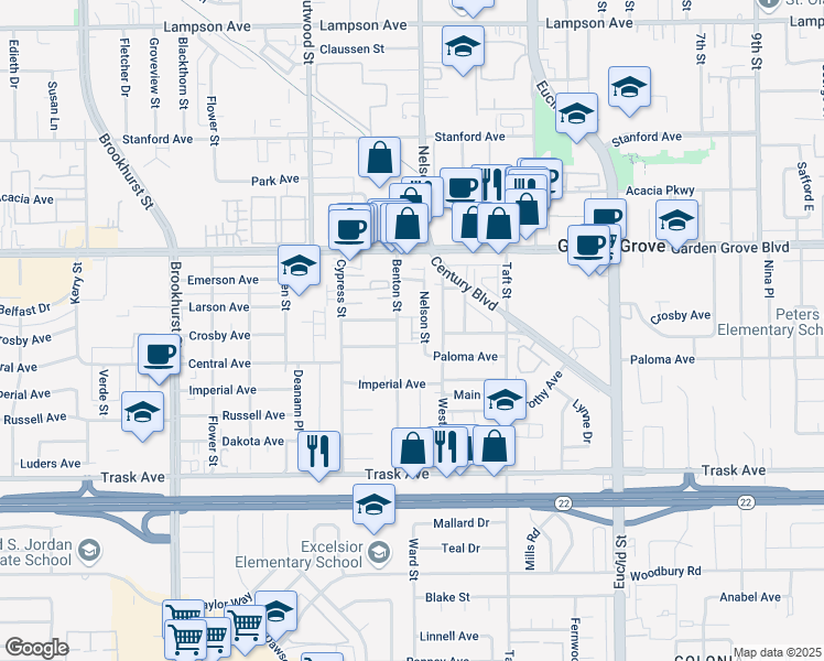 map of restaurants, bars, coffee shops, grocery stores, and more near 10472 Mildred Avenue in Garden Grove