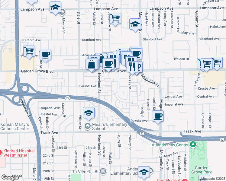 map of restaurants, bars, coffee shops, grocery stores, and more near 13175 Creek View Drive in Garden Grove