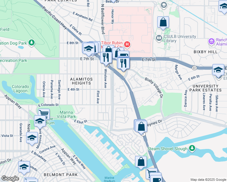 map of restaurants, bars, coffee shops, grocery stores, and more near 436 North Bellflower Boulevard in Long Beach