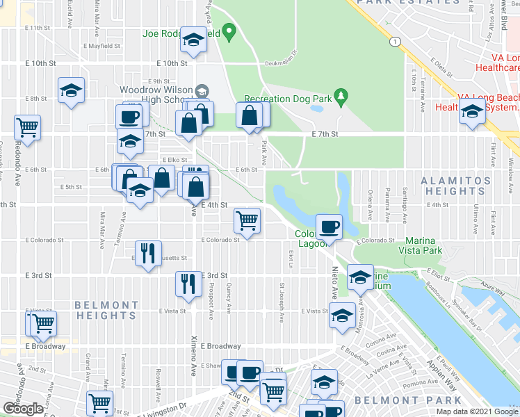 map of restaurants, bars, coffee shops, grocery stores, and more near 384 Park Avenue in Long Beach