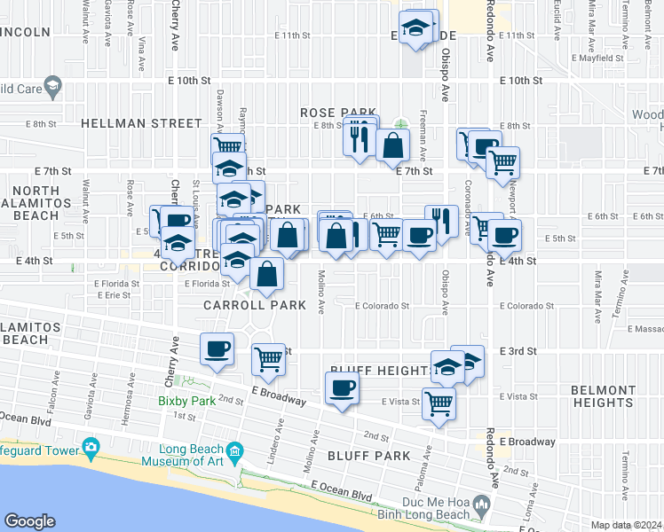map of restaurants, bars, coffee shops, grocery stores, and more near 2749 East De Soto Street in Long Beach