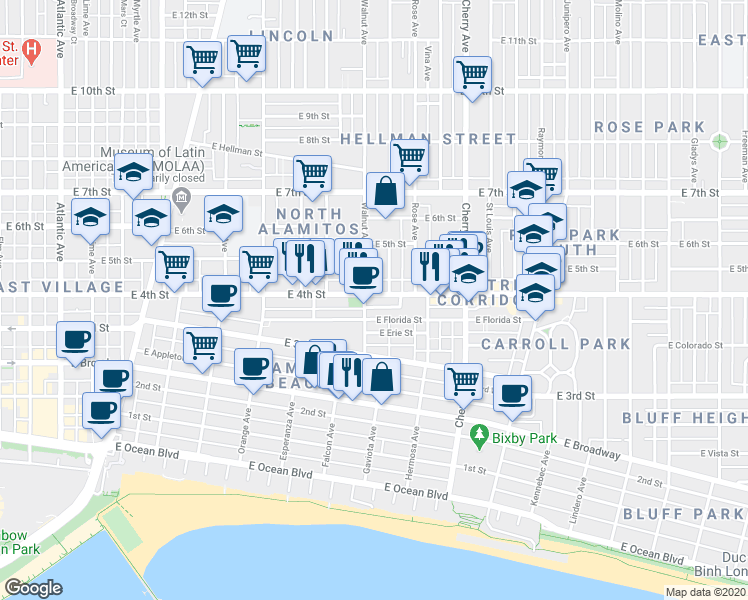 map of restaurants, bars, coffee shops, grocery stores, and more near 1617 East Florida Street in Long Beach