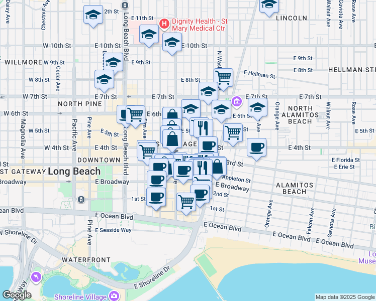 map of restaurants, bars, coffee shops, grocery stores, and more near 320 Lime Avenue in Long Beach