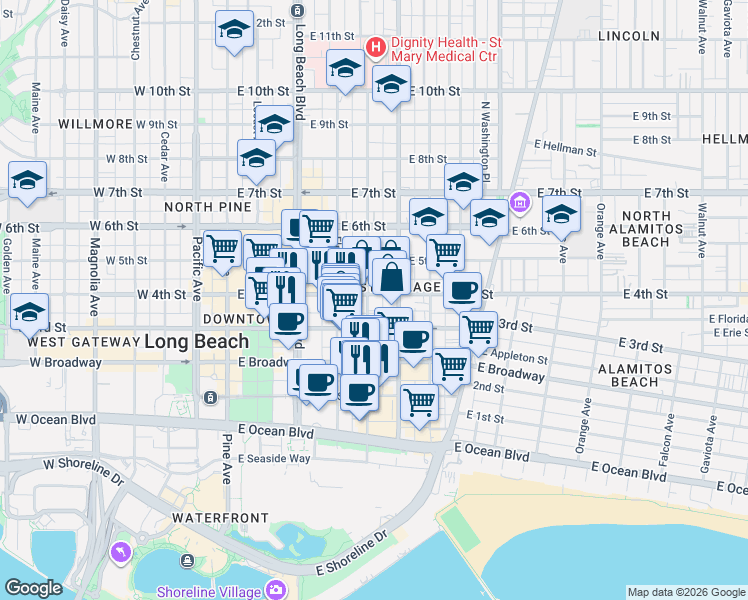 map of restaurants, bars, coffee shops, grocery stores, and more near in Long Beach