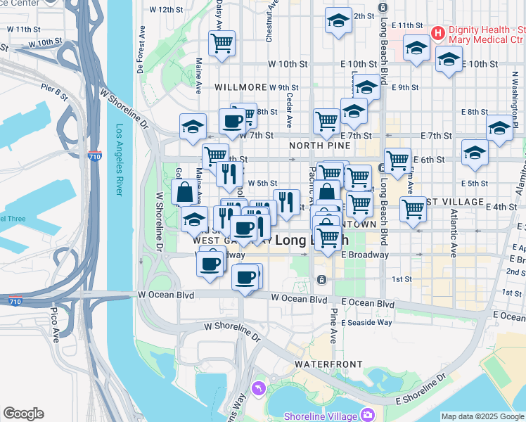 map of restaurants, bars, coffee shops, grocery stores, and more near 322 North Virginia Court in Long Beach