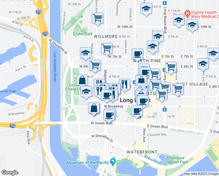 map of restaurants, bars, coffee shops, grocery stores, and more near in Long Beach