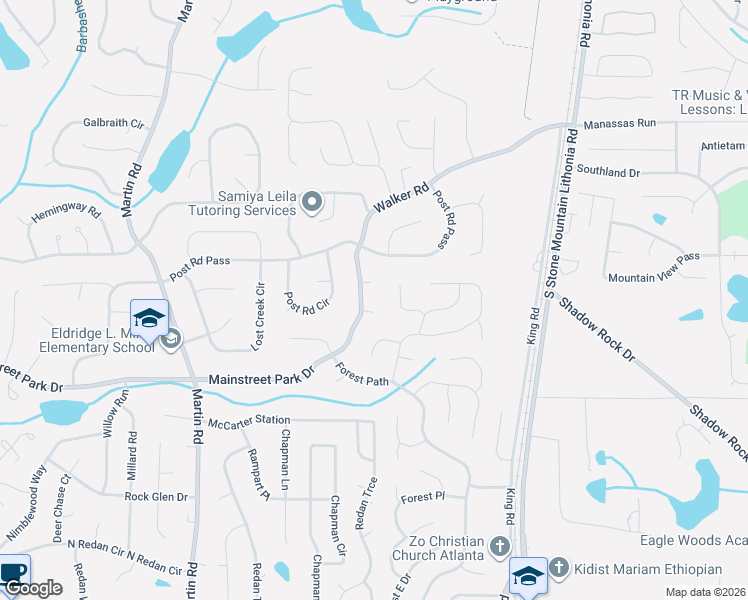map of restaurants, bars, coffee shops, grocery stores, and more near 5300 Walker Lane in Stone Mountain
