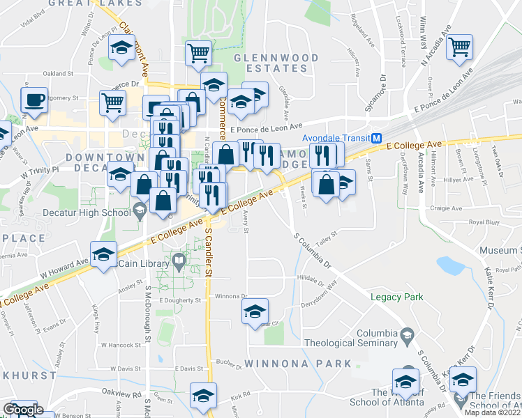 map of restaurants, bars, coffee shops, grocery stores, and more near 417 East College Avenue in Decatur