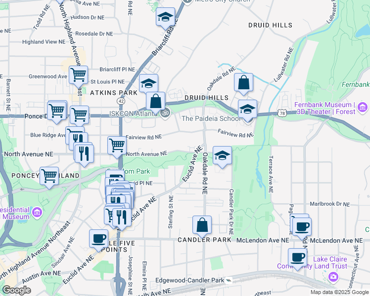 map of restaurants, bars, coffee shops, grocery stores, and more near 1352 North Avenue Northeast in Atlanta