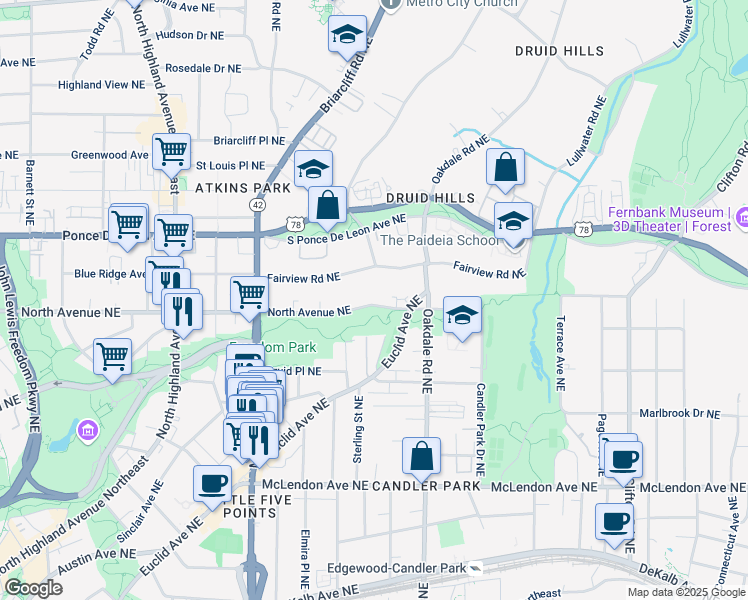 map of restaurants, bars, coffee shops, grocery stores, and more near 1352 North Avenue Northeast in Atlanta