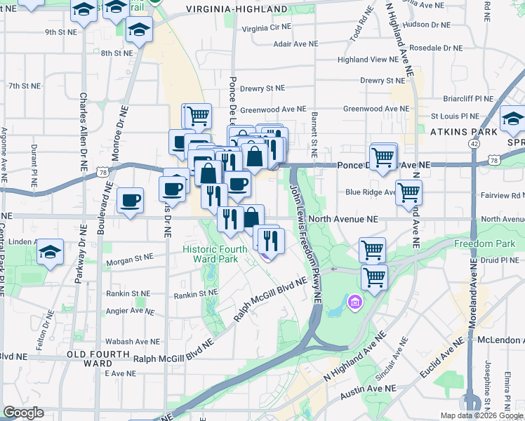 map of restaurants, bars, coffee shops, grocery stores, and more near 795 North Avenue Northeast in Atlanta