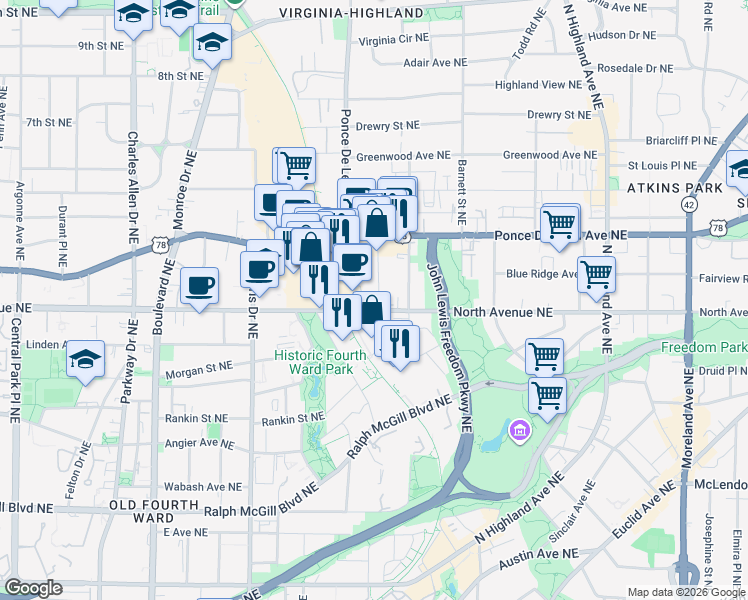 map of restaurants, bars, coffee shops, grocery stores, and more near 626 Somerset Terrace Northeast in Atlanta