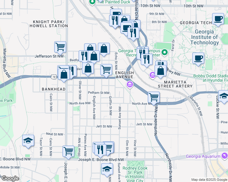 map of restaurants, bars, coffee shops, grocery stores, and more near 723 Dalvigney Street Northwest in Atlanta