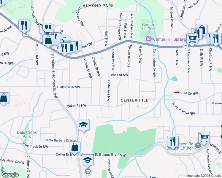 map of restaurants, bars, coffee shops, grocery stores, and more near 581 Cedar Avenue Northwest in Atlanta