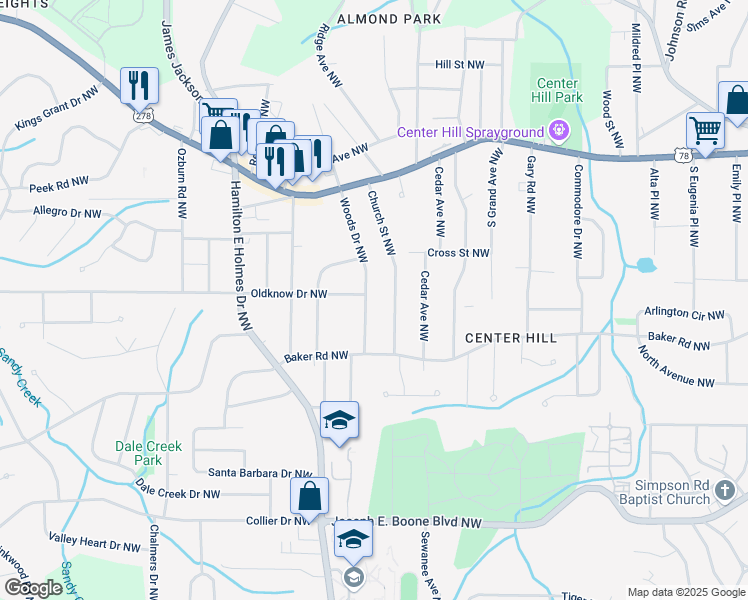 map of restaurants, bars, coffee shops, grocery stores, and more near 585 Woods Drive Northwest in Atlanta