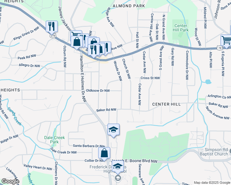 map of restaurants, bars, coffee shops, grocery stores, and more near 2584 Hood Avenue Northwest in Atlanta
