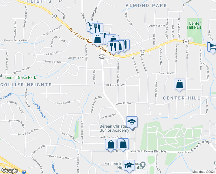 map of restaurants, bars, coffee shops, grocery stores, and more near 2606 Oldknow Drive Northwest in Atlanta