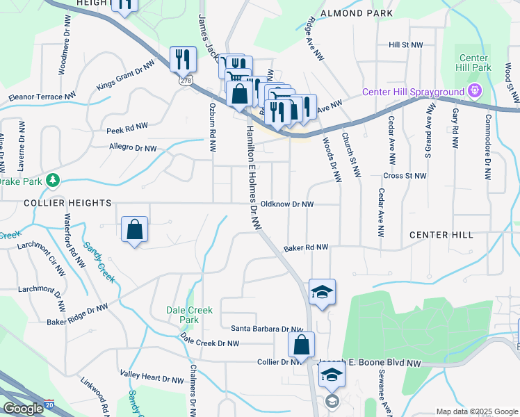map of restaurants, bars, coffee shops, grocery stores, and more near 2606 Oldknow Drive Northwest in Atlanta