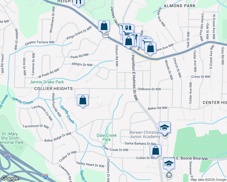 map of restaurants, bars, coffee shops, grocery stores, and more near 590 Collier Ridge Drive Northwest in Atlanta