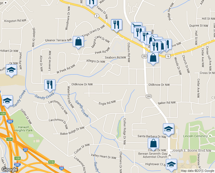 map of restaurants, bars, coffee shops, grocery stores, and more near 2803 Handy Drive Northwest in Atlanta