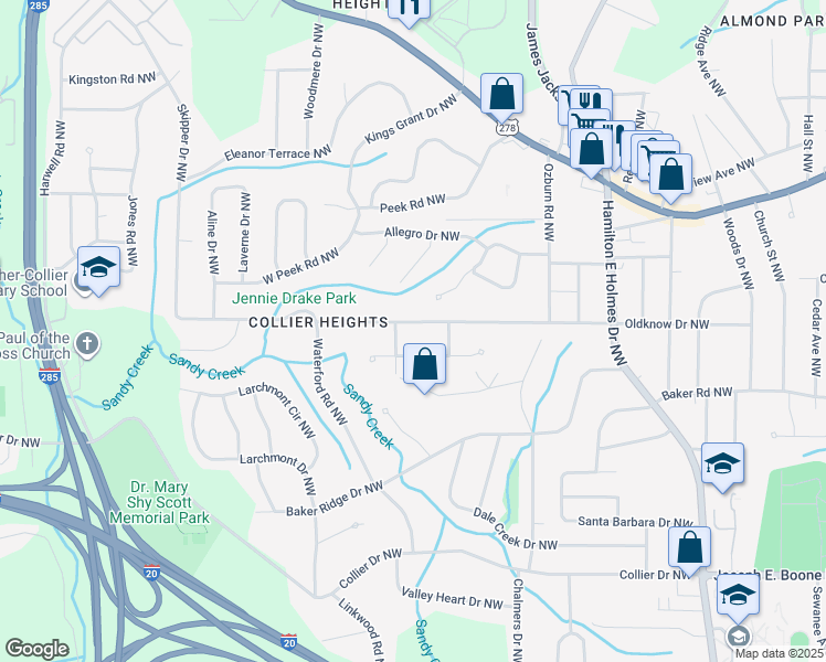 map of restaurants, bars, coffee shops, grocery stores, and more near 2887 Handy Drive Northwest in Atlanta