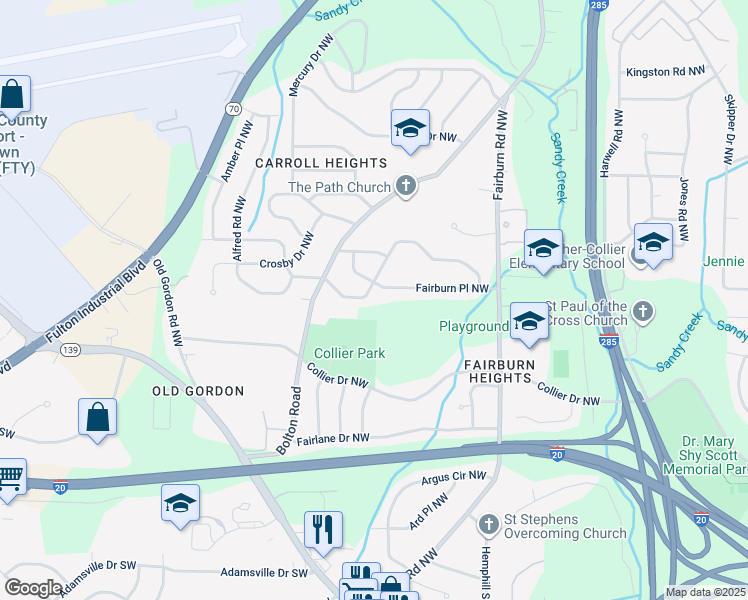 map of restaurants, bars, coffee shops, grocery stores, and more near 3560 Adkins Road Northwest in Atlanta