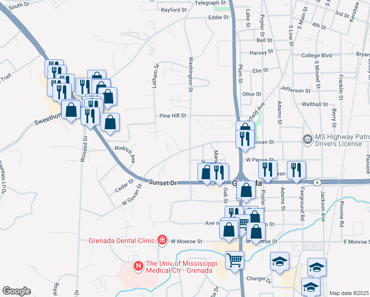 map of restaurants, bars, coffee shops, grocery stores, and more near 875 West Govan Street in Grenada