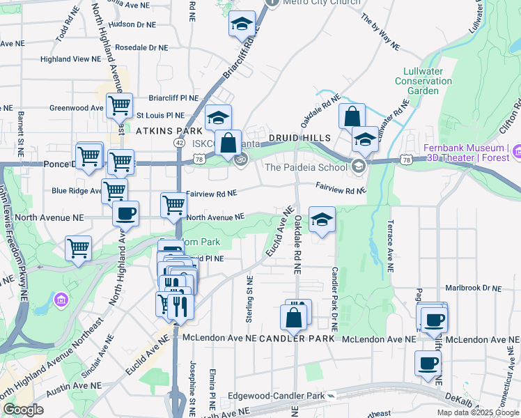 map of restaurants, bars, coffee shops, grocery stores, and more near 1326 North Avenue Northeast in Atlanta