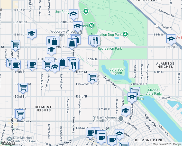 map of restaurants, bars, coffee shops, grocery stores, and more near 4634 East 4th Street in Long Beach