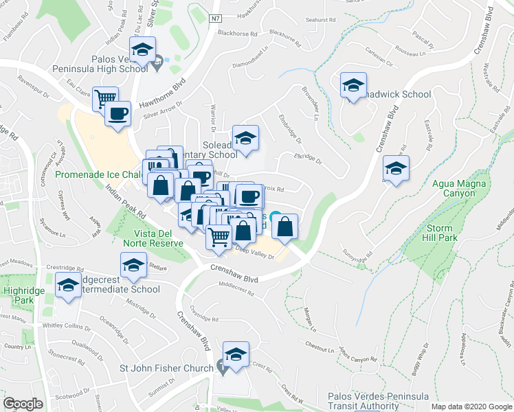 map of restaurants, bars, coffee shops, grocery stores, and more near 5034 Golden Arrow Drive in Rancho Palos Verdes