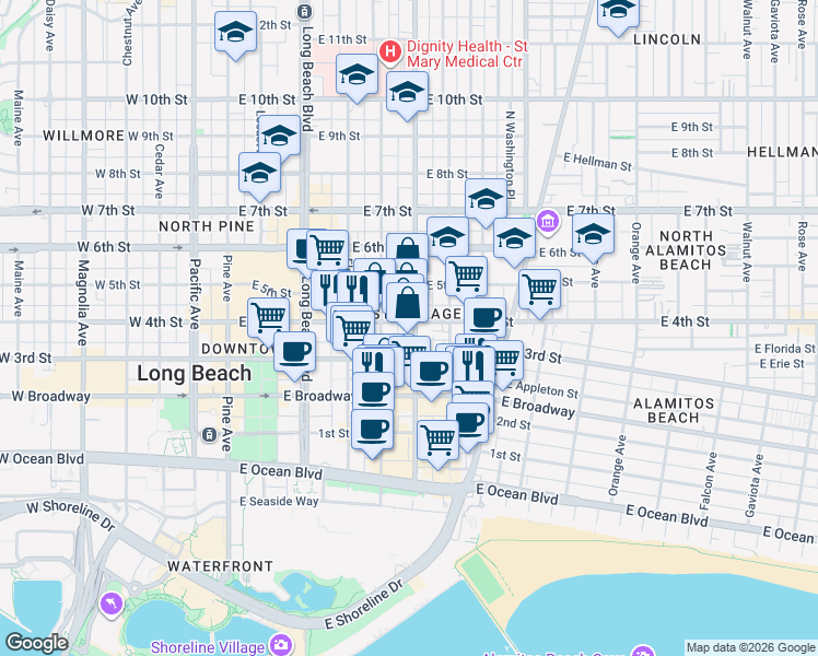 map of restaurants, bars, coffee shops, grocery stores, and more near 375 Atlantic Avenue in Long Beach