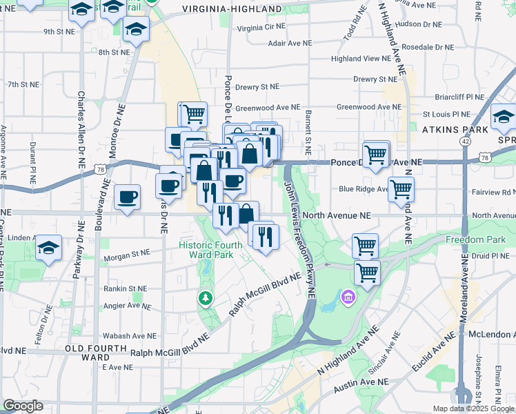 map of restaurants, bars, coffee shops, grocery stores, and more near 795 North Avenue Northeast in Atlanta