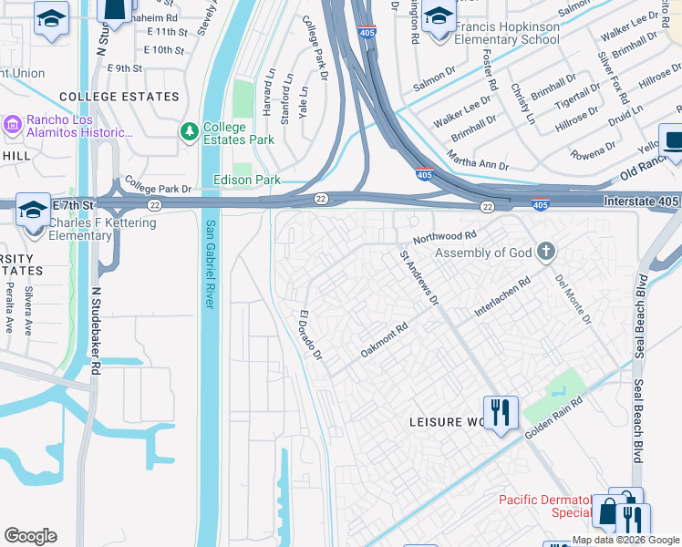 map of restaurants, bars, coffee shops, grocery stores, and more near 13220 Southport Lane in Seal Beach