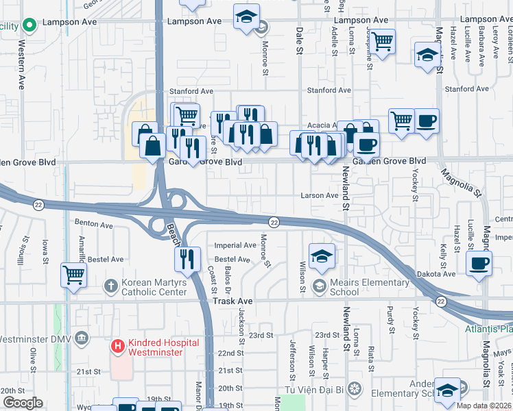 map of restaurants, bars, coffee shops, grocery stores, and more near 8172 Larson Avenue in Garden Grove