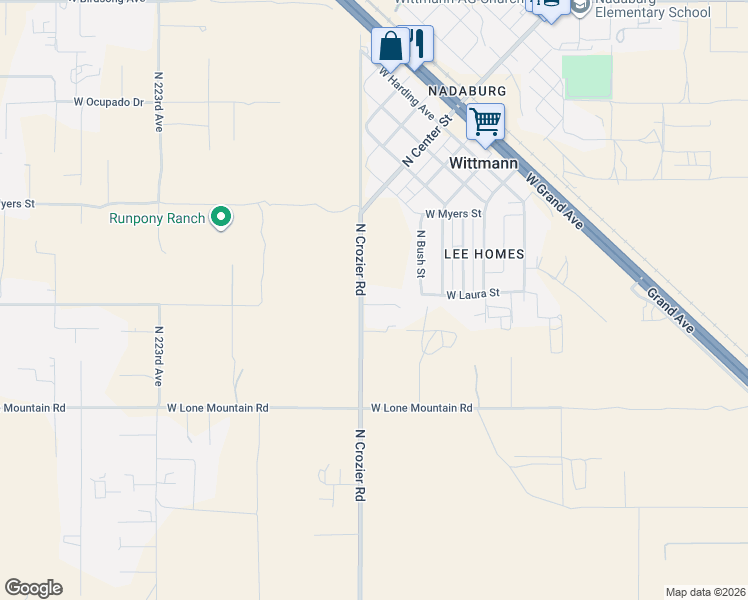map of restaurants, bars, coffee shops, grocery stores, and more near 21844 West Calle De Baca in Wittmann
