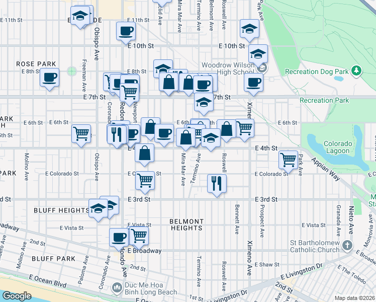 map of restaurants, bars, coffee shops, grocery stores, and more near in Long Beach