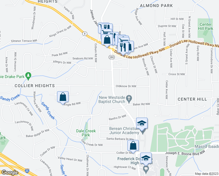 map of restaurants, bars, coffee shops, grocery stores, and more near 602 Hamilton E Holmes Drive Northwest in Atlanta